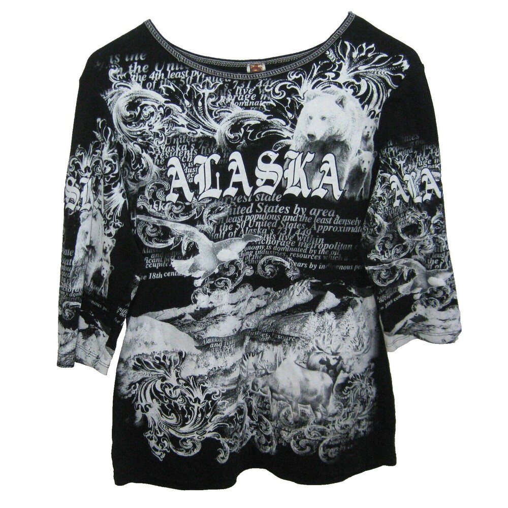 ALASKA Women's (Size Small) Black 3/4 Sleeve All Over Graphic Print T-Shirt Top